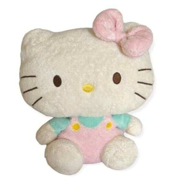 Ty Pluffies Hello Kitty Plush Pastel Sanrio Stuffed Animal Pink Overalls 2011 8" - Picture 1 of 12